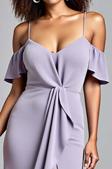 Dreamyannie Cold Shoulder Ruffled Lilac Long Formal Dress With Slit