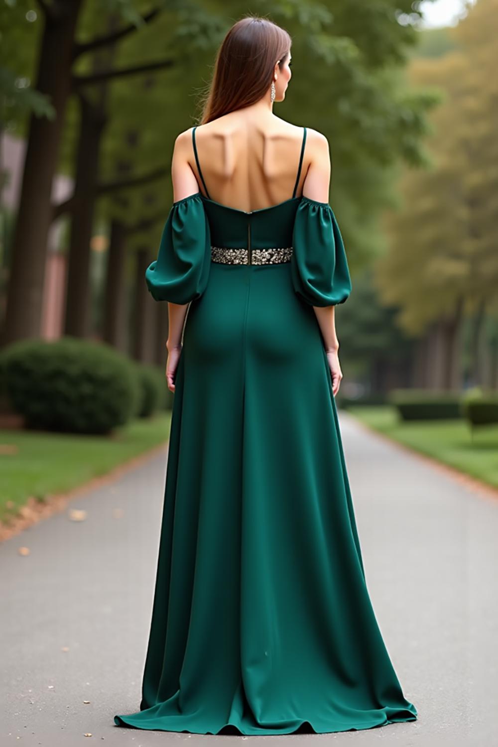 Dreamyannie Cold Shoulder Satin Dark Green Wedding Guest Dress Long Formal Dress