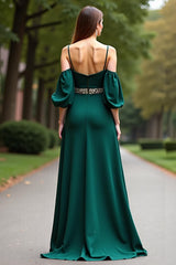 Dreamyannie Cold Shoulder Satin Dark Green Wedding Guest Dress Long Formal Dress