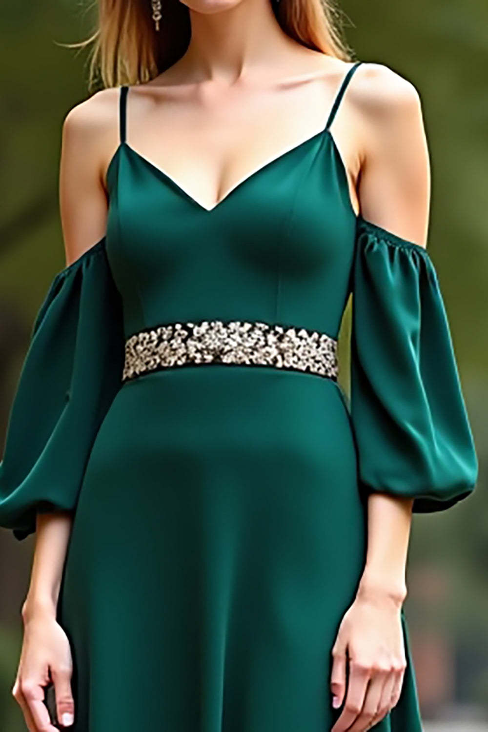 Dreamyannie Cold Shoulder Satin Dark Green Wedding Guest Dress Long Formal Dress