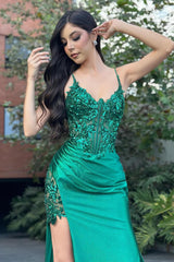 Dreamyannie Column Satin Lace Spaghetti Straps Sleeveless Evening Dress With Appliques Split