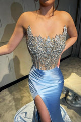 Dreamyannie Column Satin Prom Dress Lace Sleeveless Formal Dress With Split