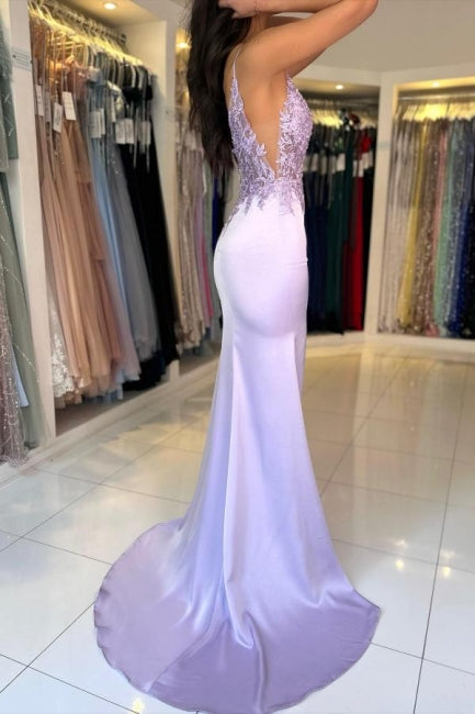 Dreamyannie Column Satin Prom Dress Lace V Neck Sleeveless Formal Dress With Appliques Split