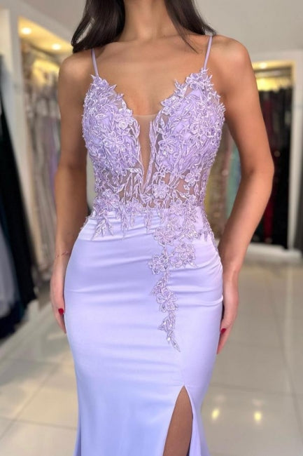 Dreamyannie Column Satin Prom Dress Lace V Neck Sleeveless Formal Dress With Appliques Split