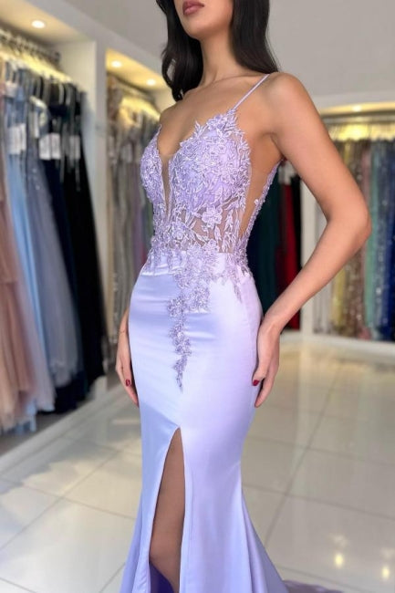 Dreamyannie Column Satin Prom Dress Lace V Neck Sleeveless Formal Dress With Appliques Split