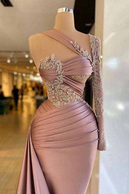 Dreamyannie Column Satin Prom Dress One Shoulder Sleeve Formal Dress