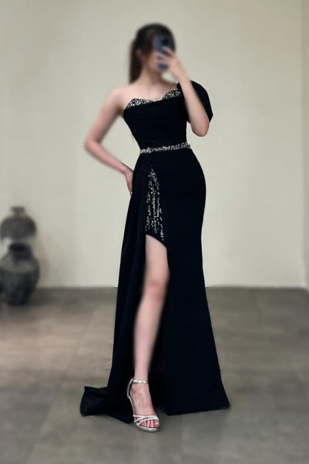 Dreamyannie Column Satin Prom Dress One Shoulder Sleeveless Formal Dress With Sequined Split