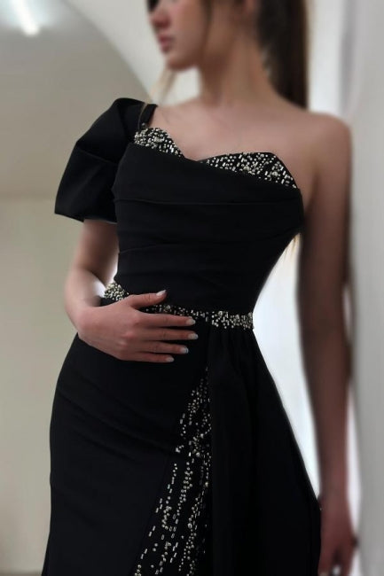 Dreamyannie Column Satin Prom Dress One Shoulder Sleeveless Formal Dress With Sequined Split