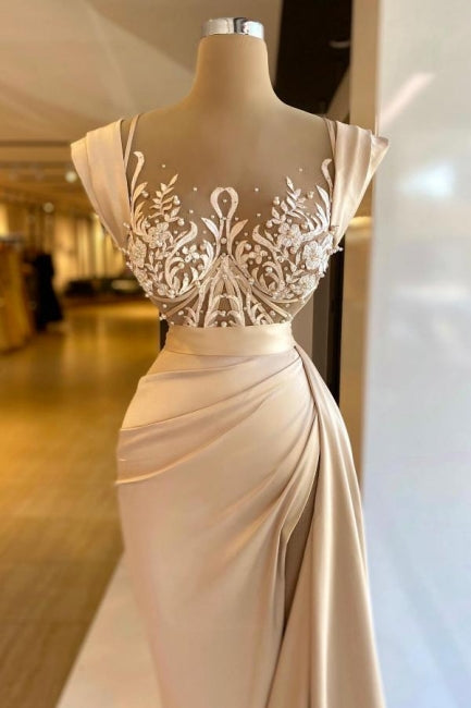 Dreamyannie Column Satin Prom Dress Sleeveless Formal Dress With Lace And Pearls