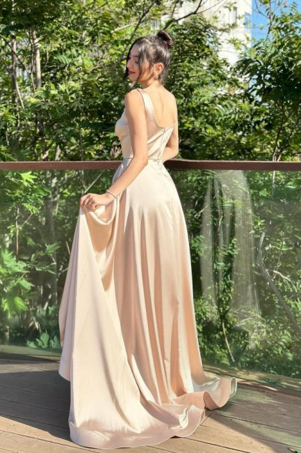 Dreamyannie Column Satin Prom Dress Square Sleeveless Formal Dress With Split Train