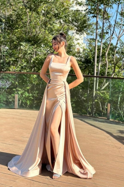 Dreamyannie Column Satin Prom Dress Square Sleeveless Formal Dress With Split Train
