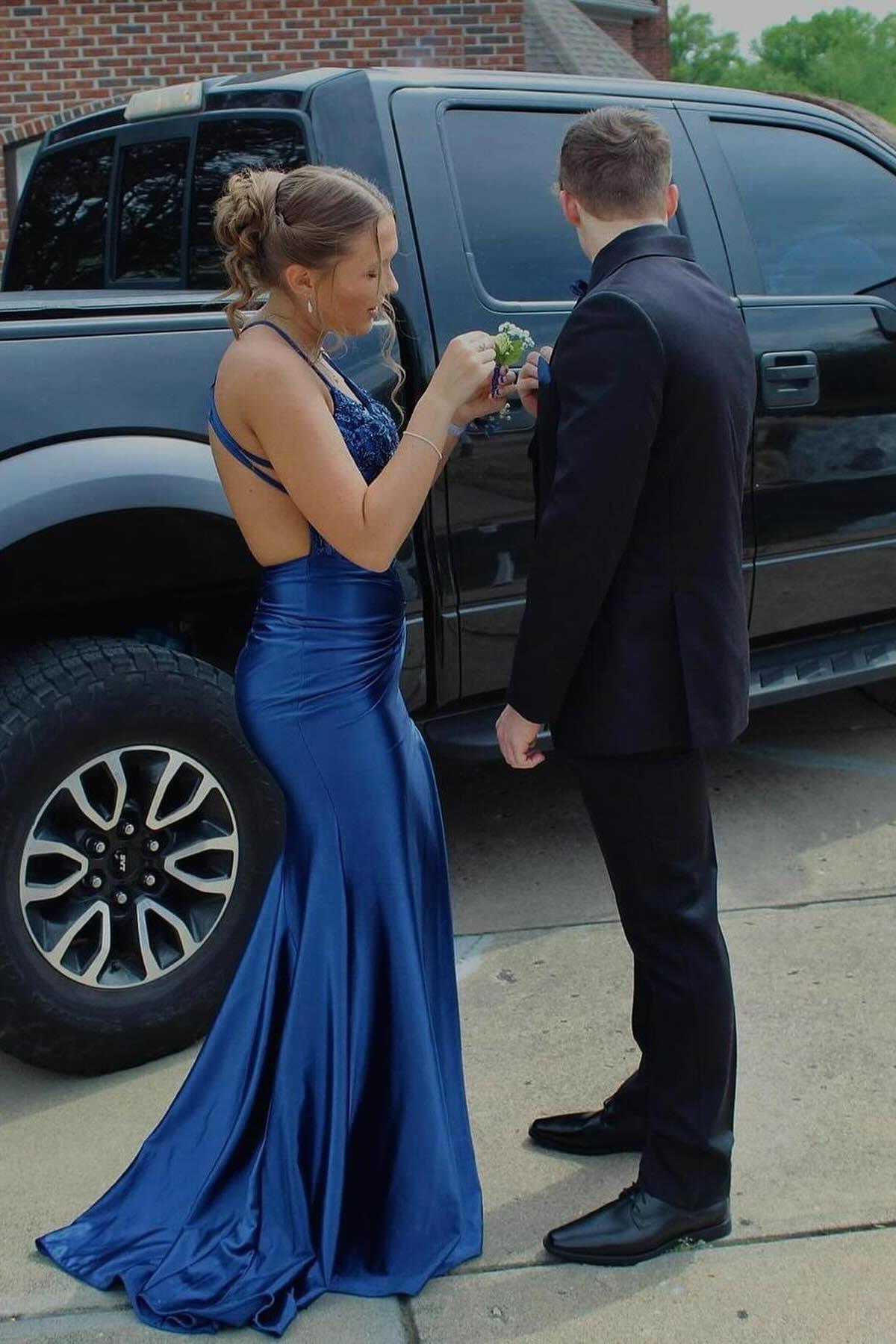 Dreamyannie Column Satin Scoop Sleeveless Blue Prom Dress Evening Dress With Appliques Slit