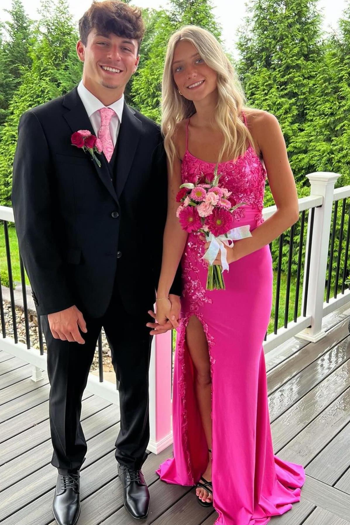 Dreamyannie Column Satin Spaghetti Straps Sleeveless Pink Prom Dress Evening Dress With Appliques Slit