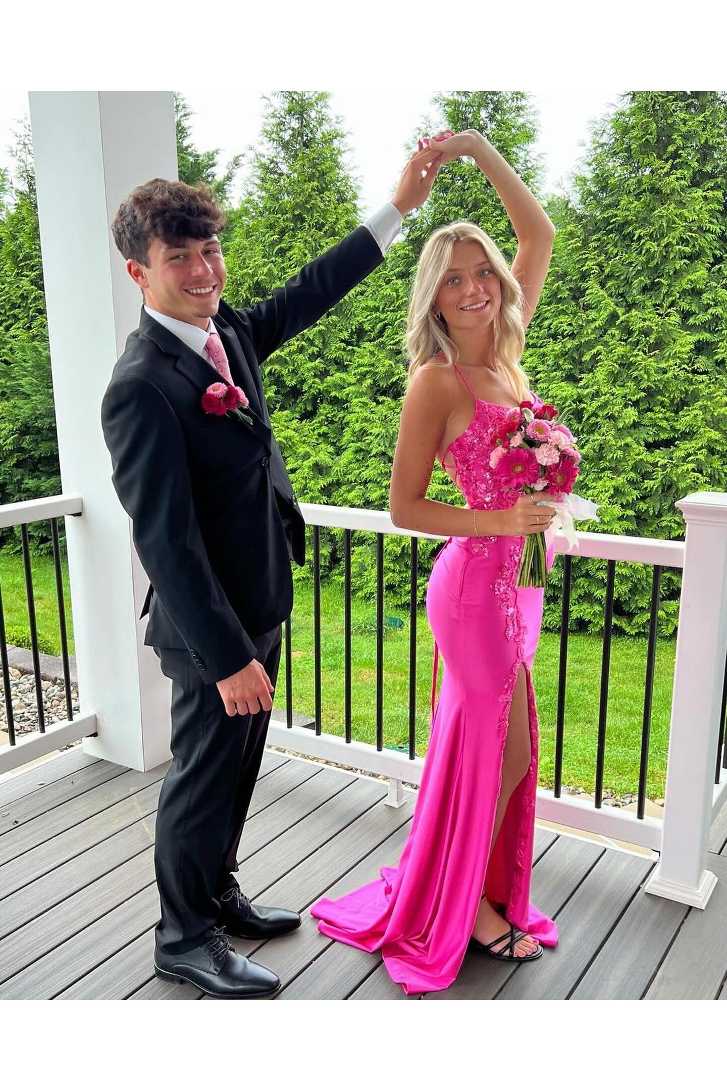 Dreamyannie Column Satin Spaghetti Straps Sleeveless Pink Prom Dress Evening Dress With Appliques Slit