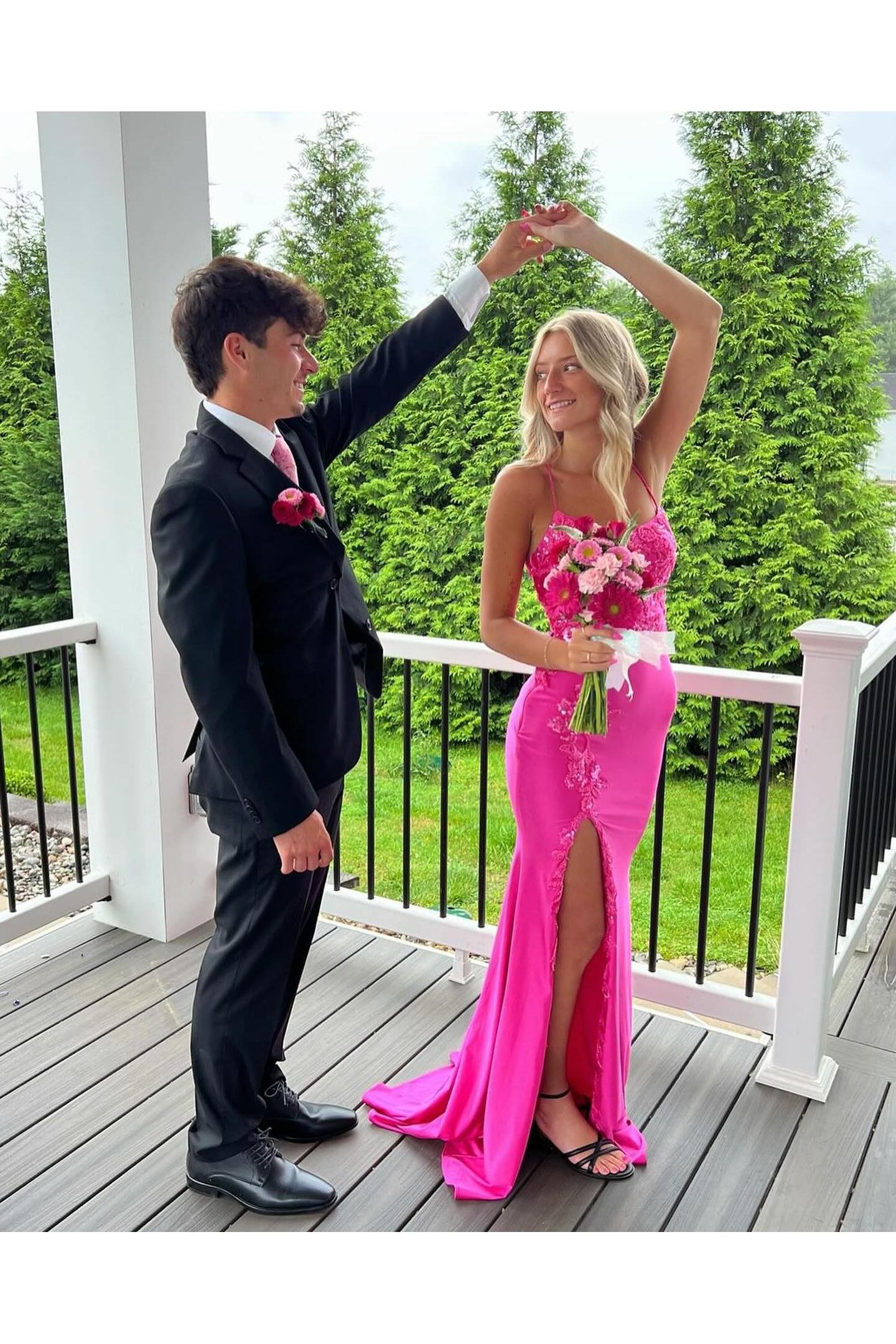 Dreamyannie Column Satin Spaghetti Straps Sleeveless Pink Prom Dress Evening Dress With Appliques Slit