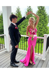 Dreamyannie Column Satin Spaghetti Straps Sleeveless Pink Prom Dress Evening Dress With Appliques Slit