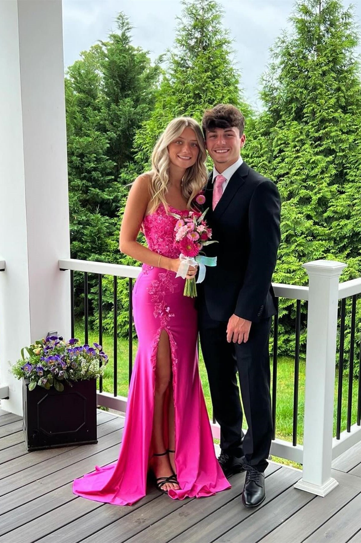 Dreamyannie Column Satin Spaghetti Straps Sleeveless Pink Prom Dress Evening Dress With Appliques Slit