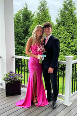 Dreamyannie Column Satin Spaghetti Straps Sleeveless Pink Prom Dress Evening Dress With Appliques Slit