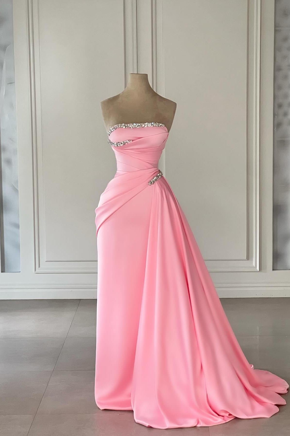 Dreamyannie Column Satin Strapless Sleeveless Pink Prom Dress Evening Dress With Rhinestone