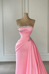 Dreamyannie Column Satin Strapless Sleeveless Pink Prom Dress Evening Dress With Rhinestone