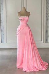 Dreamyannie Column Satin Strapless Sleeveless Pink Prom Dress Evening Dress With Rhinestone