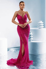Dreamyannie Column Sequined Prom Dress V Neck Sleeveless Formal Dress With Slit