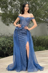 Dreamyannie Column Tulle Lace Off The Shoulder Sleeveless Blue Prom Dress Evening Dress With Slit