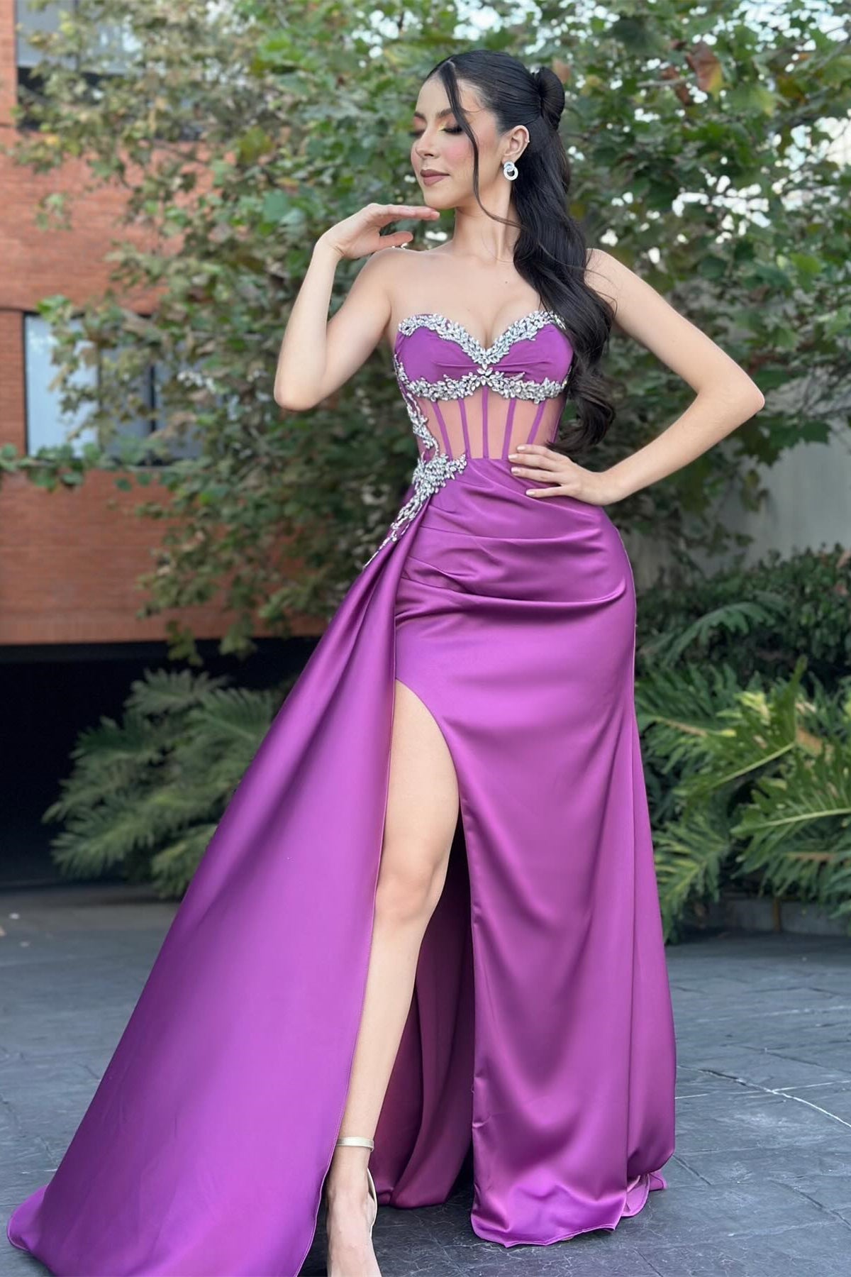 Dreamyannie Column Tulle Satin Sweetheart Sleeveless Evening Dress With Slit