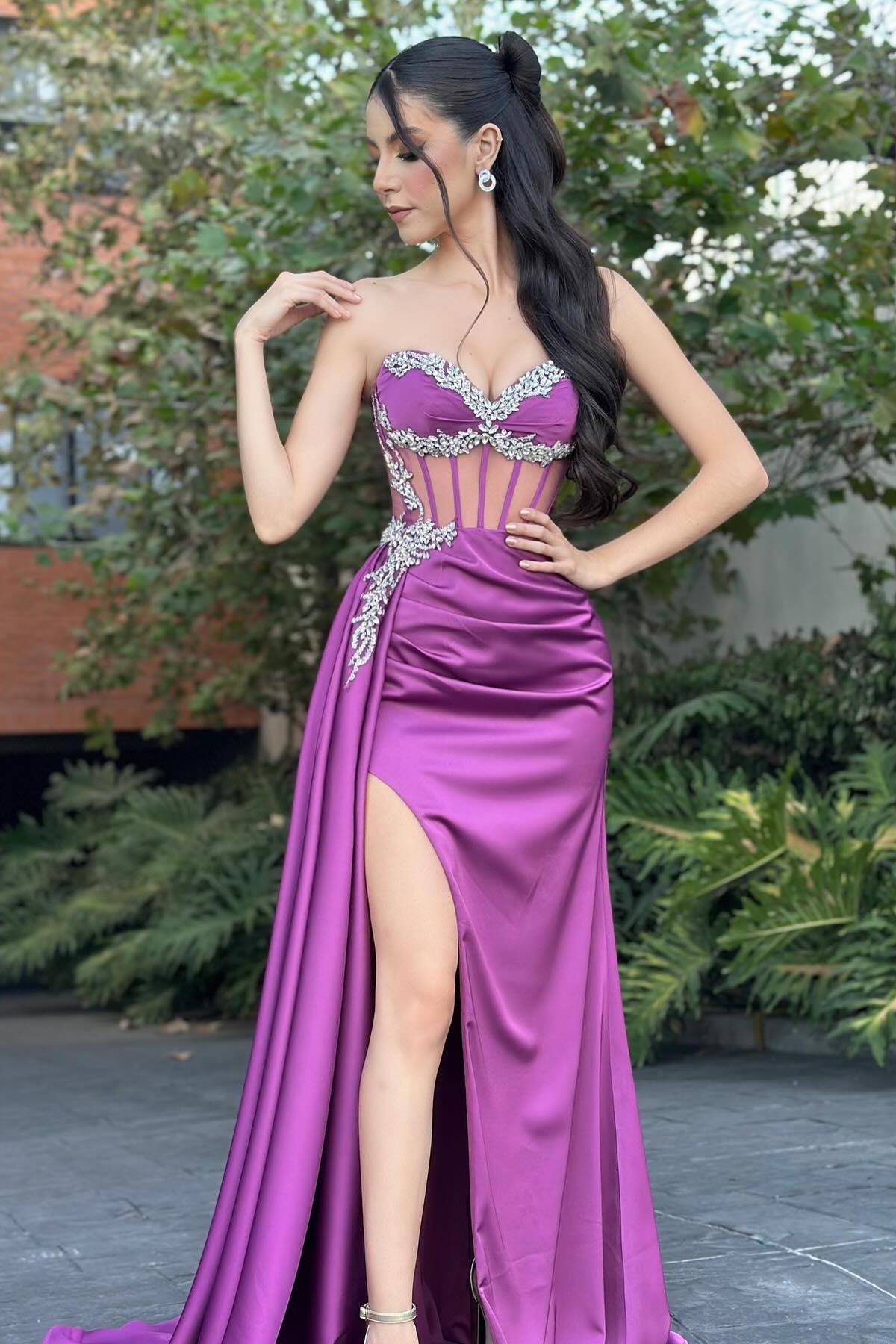 Dreamyannie Column Tulle Satin Sweetheart Sleeveless Evening Dress With Slit