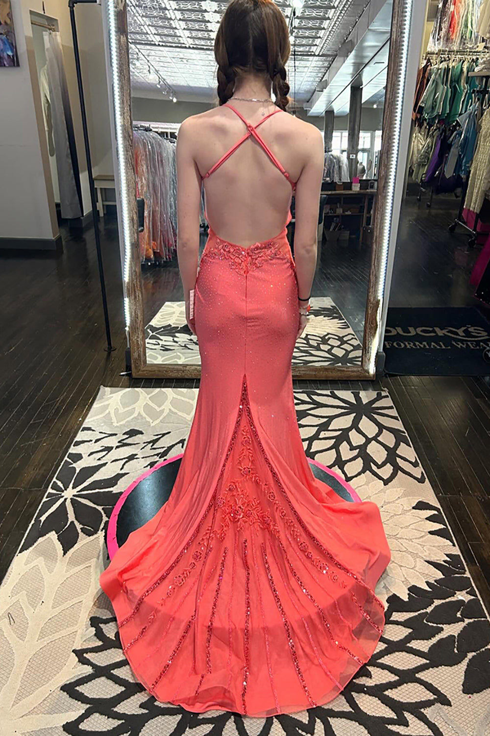 Dreamyannie Coral Prom Dress Beaded Mermaid Evening Dress With Lace