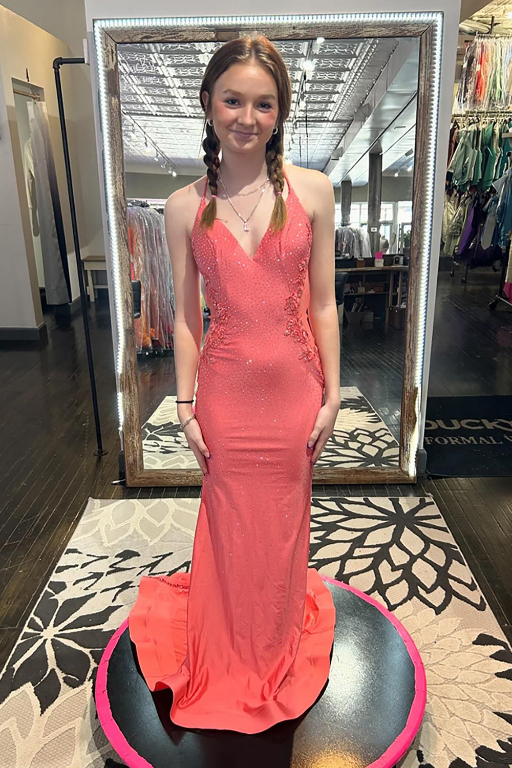 Dreamyannie Coral Prom Dress Beaded Mermaid Evening Dress With Lace