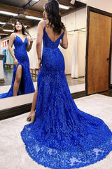 Dreamyannie Corset Long Royal Blue Prom Dress Mermaid Lace Evening Dress With Slit