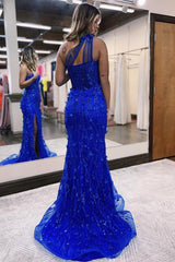 Dreamyannie Corset Long Royal Blue Prom Dress Mermaid One Shoulder Evening Dress With Slit