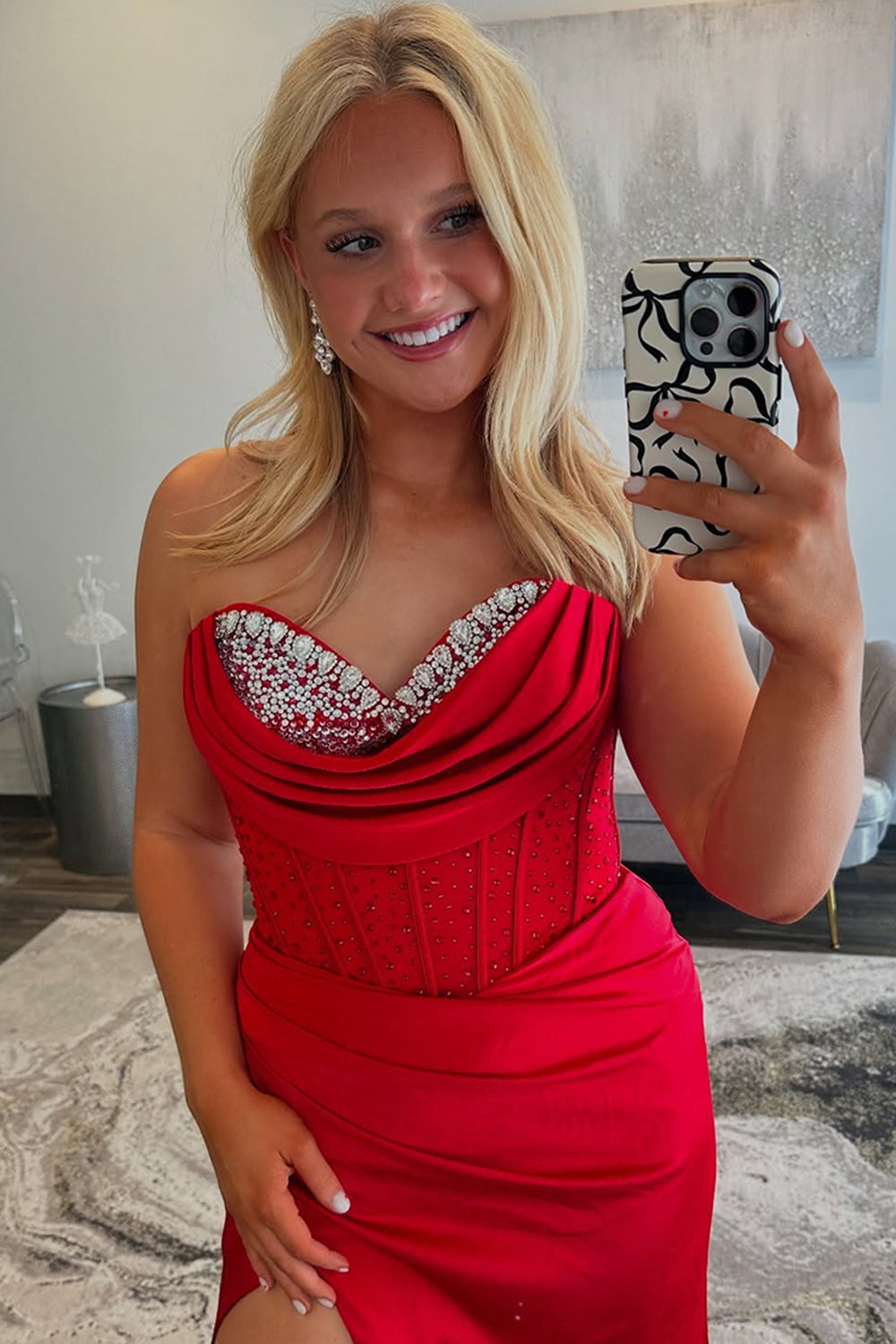 Dreamyannie Corset Red Prom Dress Sweetheart Formal Dress With Beadings