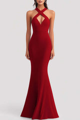 Dreamyannie Cross Straps Red Wedding Guest Dress Mermaid Satin Formal Dress
