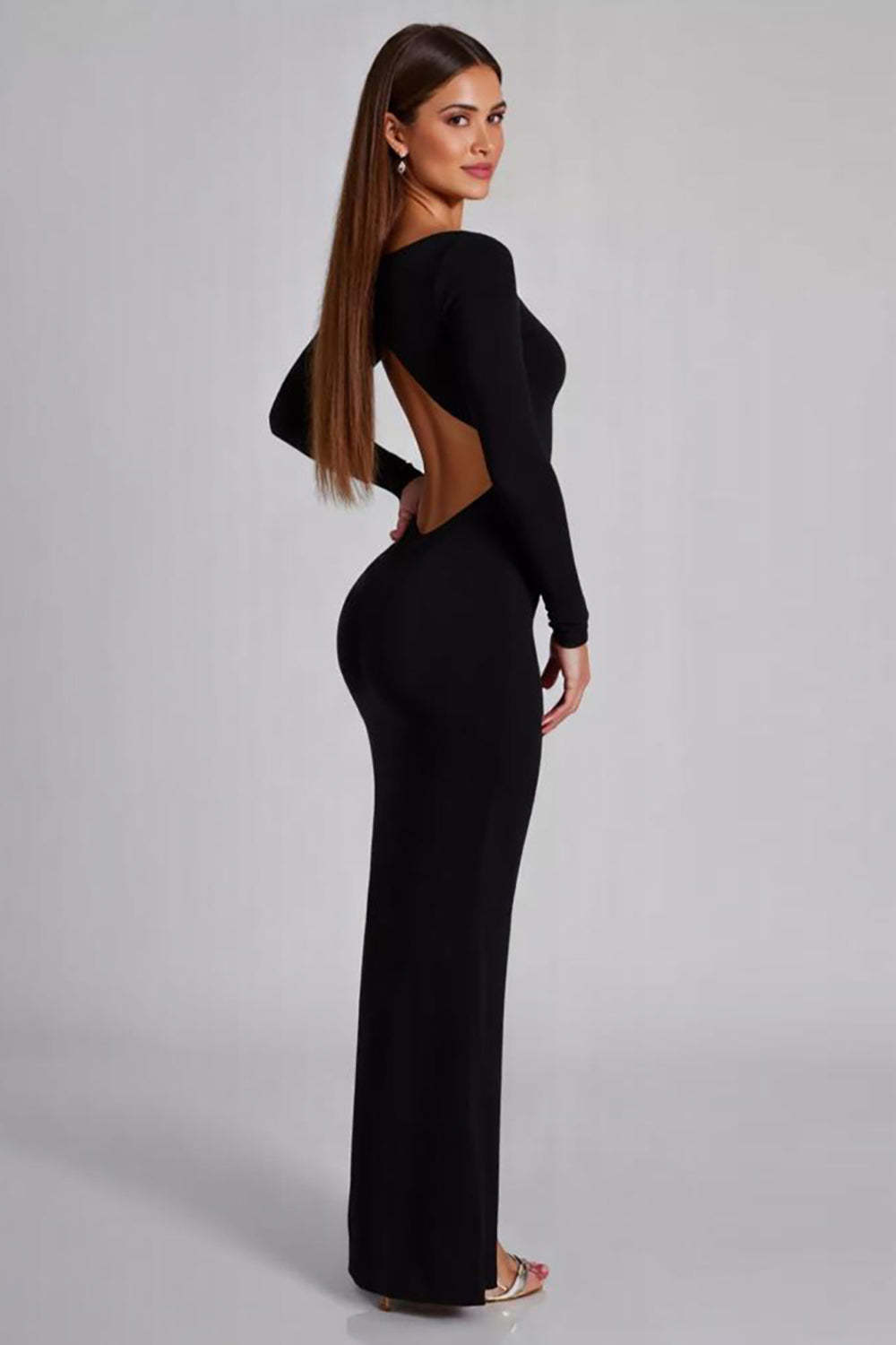 Dreamyannie Cut Out Jersey Black Wedding Guest Dress Long Sleeves Formal Dress With Slit