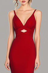 Dreamyannie Cut Out Red Wedding Guest Dress V-Neck Mermaid Spaghetti Straps Formal Dress
