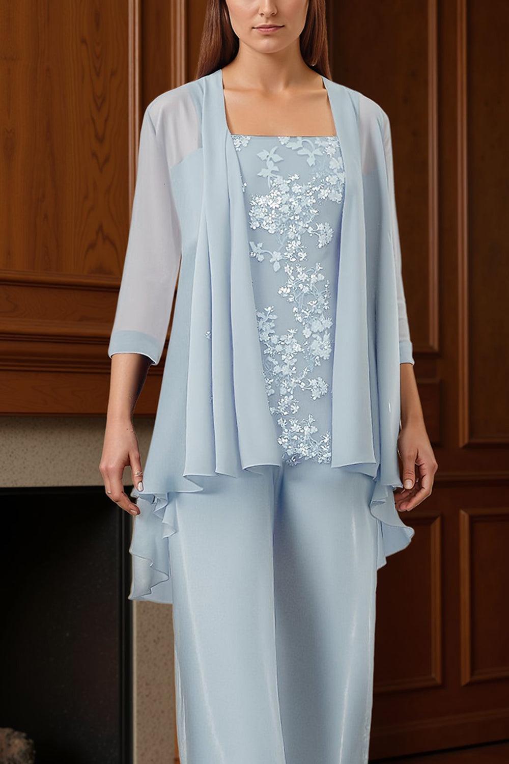 Dreamyannie Dark Blue Floral Chiffon 3 Piece Mother Of The Bride Pant Suits With Jacket