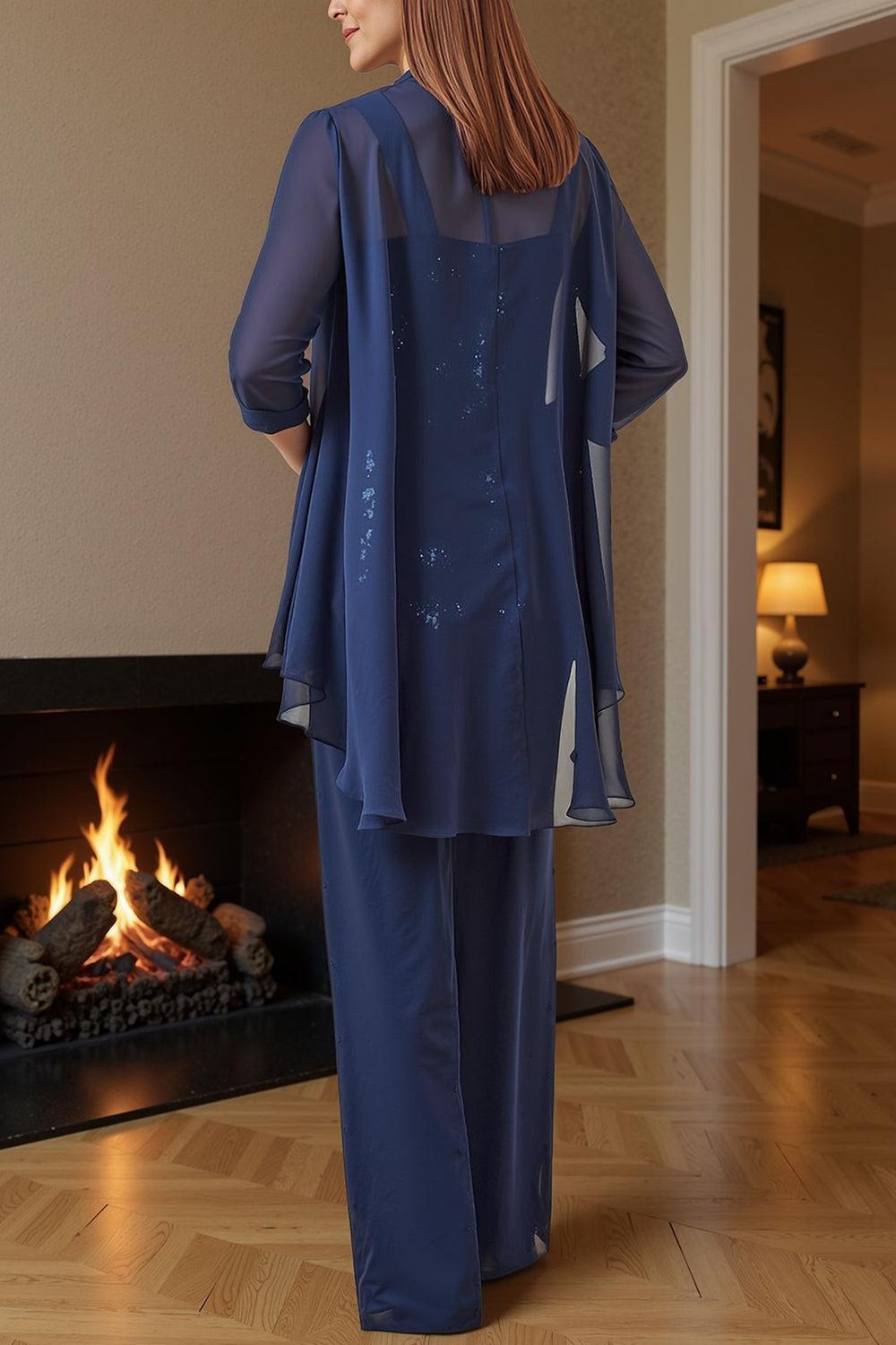 Dreamyannie Dark Blue Floral Chiffon 3 Piece Mother Of The Bride Pant Suits With Jacket