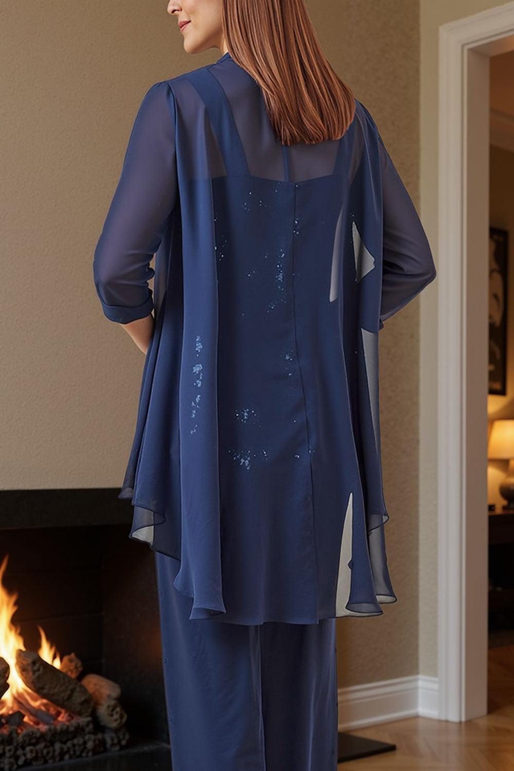 Dreamyannie Dark Blue Floral Chiffon 3 Piece Mother Of The Bride Pant Suits With Jacket