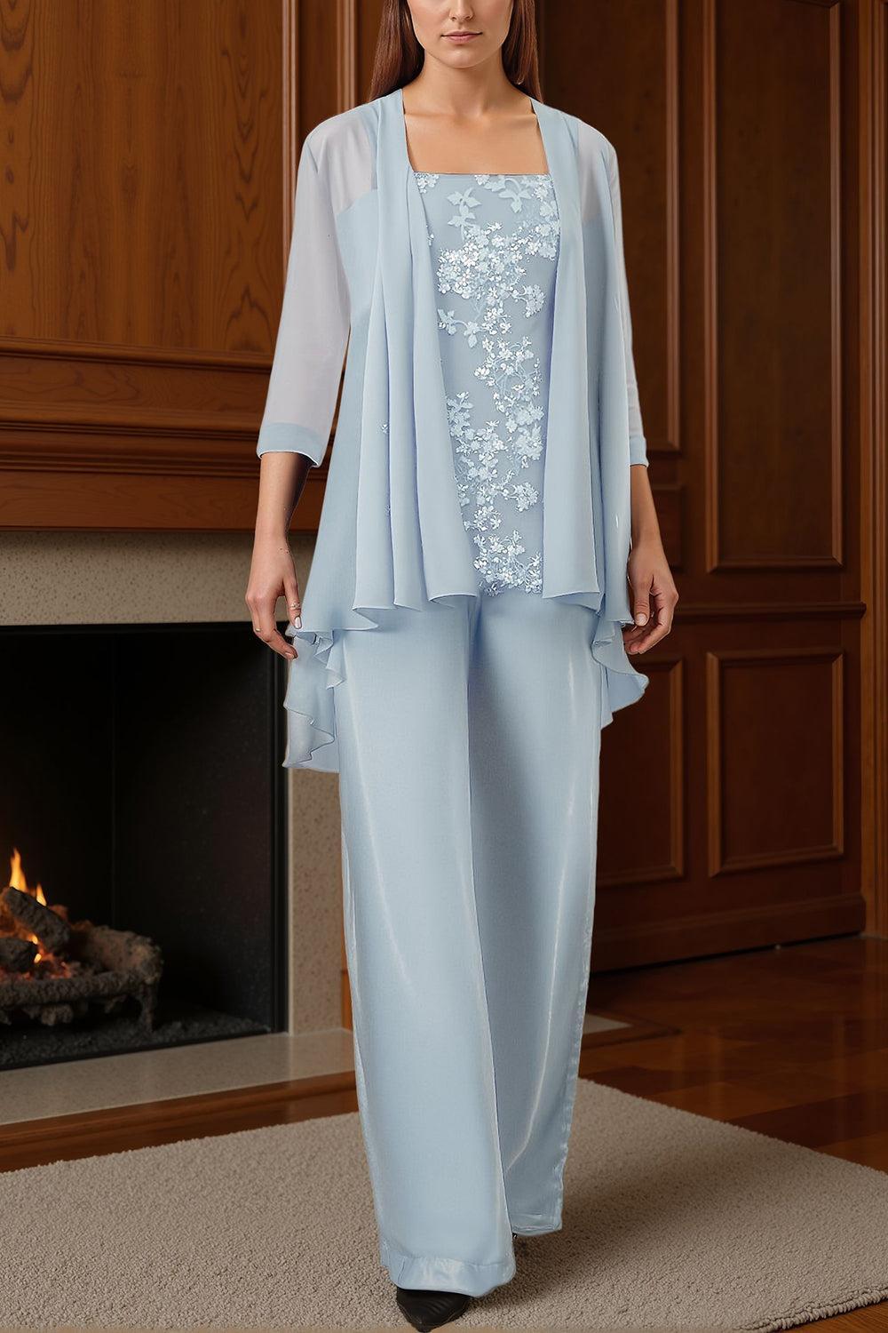 Dreamyannie Dark Blue Floral Chiffon 3 Piece Mother Of The Bride Pant Suits With Jacket
