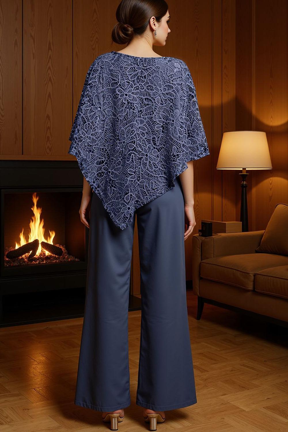 Dreamyannie Dark Blue Lace Boat Neck 2 Piece Mother Of The Bride Pant Suits