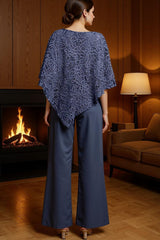 Dreamyannie Dark Blue Lace Boat Neck 2 Piece Mother Of The Bride Pant Suits