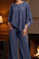 Dreamyannie Dark Blue Lace Boat Neck 2 Piece Mother Of The Bride Pant Suits