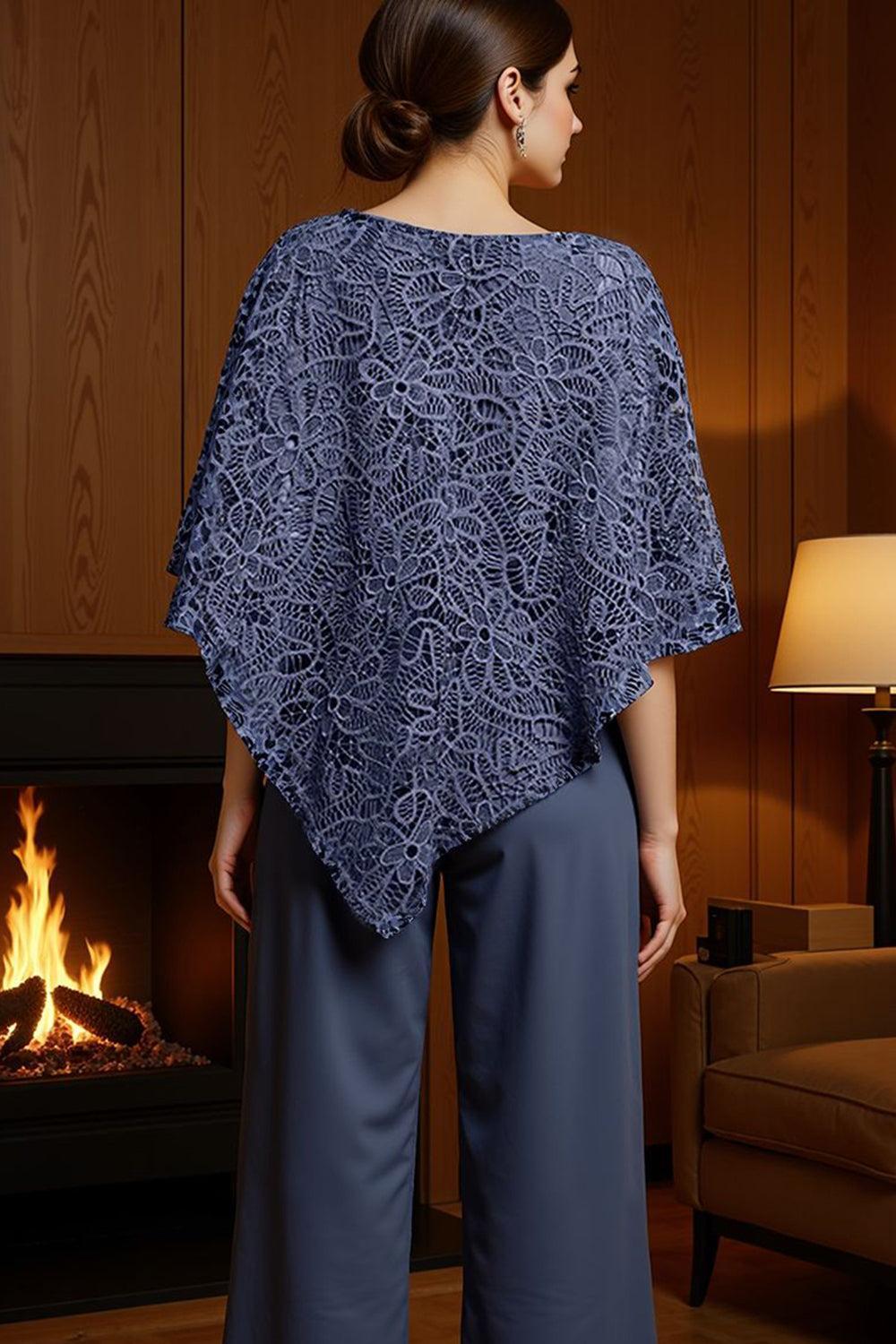 Dreamyannie Dark Blue Lace Boat Neck 2 Piece Mother Of The Bride Pant Suits