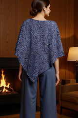 Dreamyannie Dark Blue Lace Boat Neck 2 Piece Mother Of The Bride Pant Suits