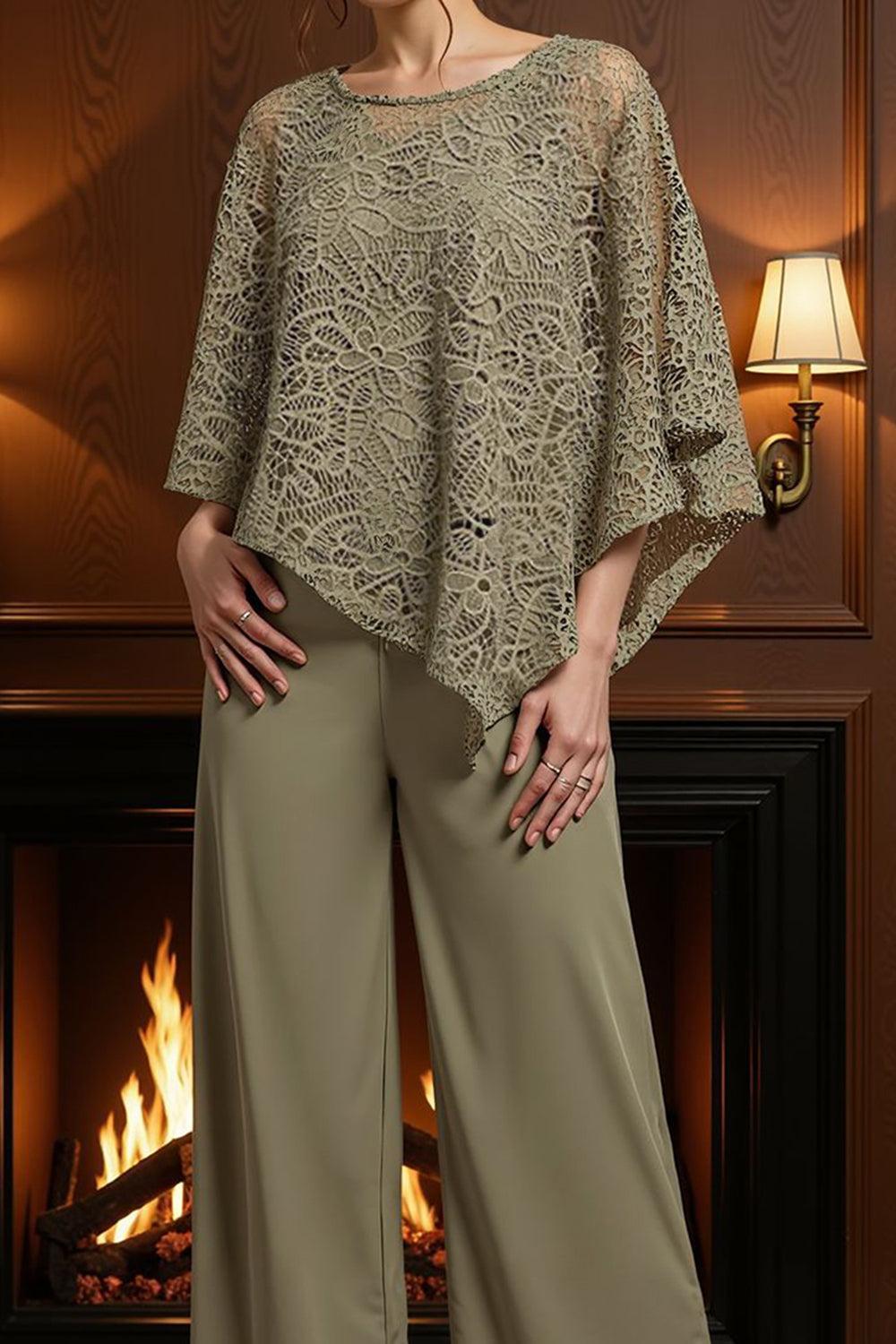 Dreamyannie Dark Blue Lace Boat Neck 2 Piece Mother Of The Bride Pant Suits