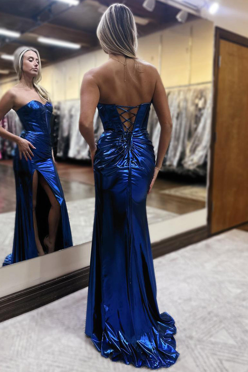 Dreamyannie Dark Blue Prom Dress Metallic Sweetheart Mermaid Formal Dress With Slit