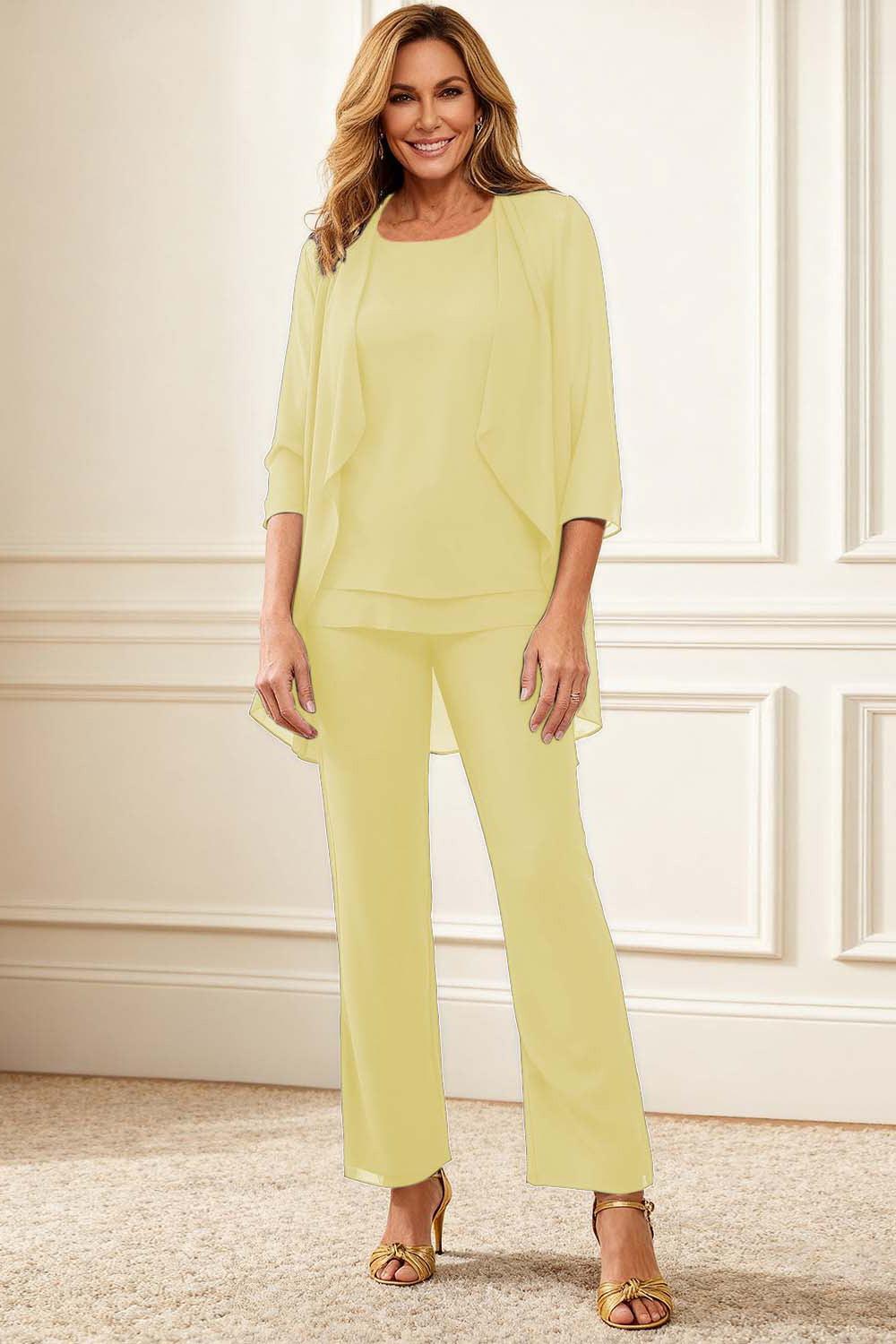 Dreamyannie Dark Blue Round Neck Chiffon 3 Piece Mother Of The Bride Pant Suits With Jacket