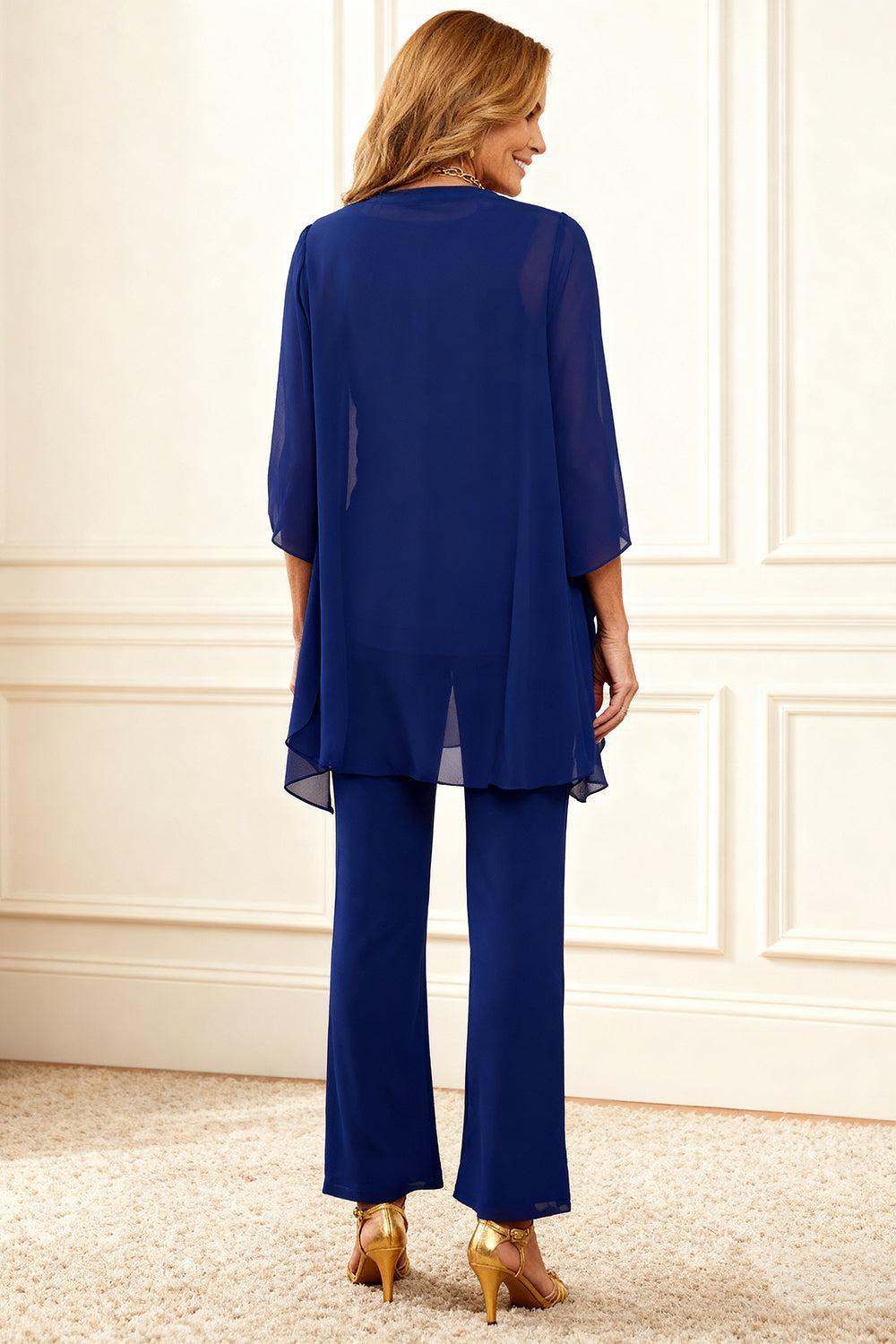 Dreamyannie Dark Blue Round Neck Chiffon 3 Piece Mother Of The Bride Pant Suits With Jacket